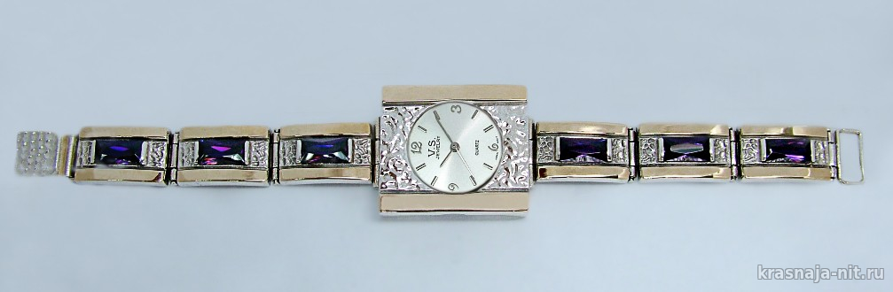 Женские серебряные часы украшенные аметистами, Женские часы из серебра