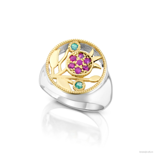 Серебряное кольцо "Гранат" с рубинами и изумрудами Кольца с символами из серебра и золота