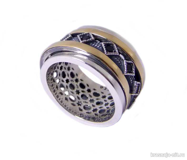 Вращающееся кольцо с ромбами и золотыми полосами, Кольца с символами из серебра и золота