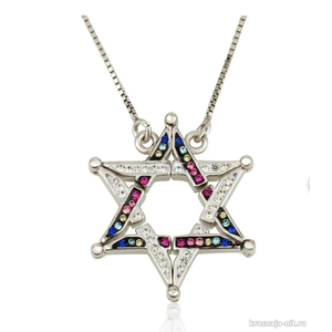 Раскладное колье "Звезда Давида" с цирконами разных цветов Ювелирные изделия из Израиля ( серебро, золото )